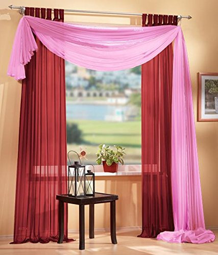 Gardinen Set, 2 x Schlaufenschal Voile, transparent, 245x140, Bordeaux, 1 x Voile Querbehang, Freihanddeko, 140x600, Rosa, 61000560