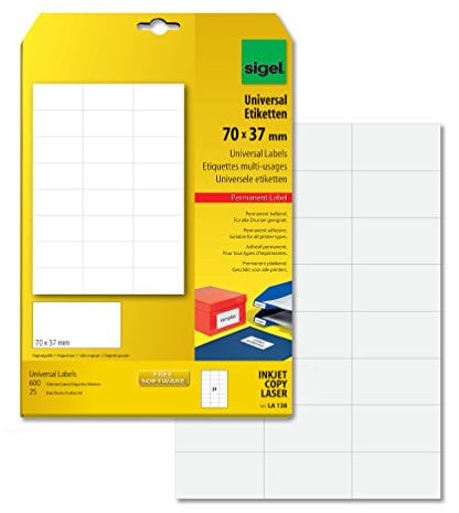 SIGEL LA138 Universal-Etiketten selbstklebend, bedruckbar, weiß, 70 x 37 mm, 600 Etiketten = 25 Blatt