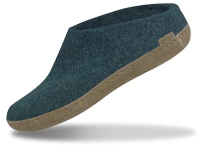GLERUPS Slip On Hausschuhe Damen und Herren (Größe 6.5) | Blauer Unisex-Slipper aus Wolle mit Ledersohle