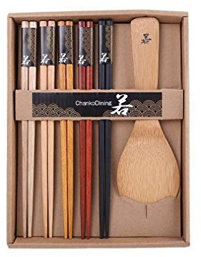 lachineuse - Coffret Baguettes Chinoises en Bois & Cuillère à Riz - 5 Couleurs de Bois - Chopsticks - Pour Rice Cooker, Cuiseur de Riz - Vaisselle Traditionnelle - Cadeau Cuisine Asiatique Japonaise