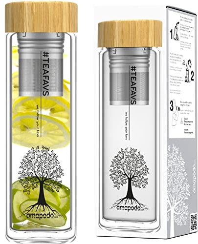 amapodo Teeflasche aus Glas mit Sieb - 400ml Tee Flasche Teekanne to go - Trinkflasche doppelwandig aus Borosilikatglas