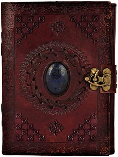 Rustic Town Leather Bound Notebook Journal with Semi Precious Stone - Handmade Vintage Leather Travel Diary for Women Men - Book of Shadow, Unlined Writing Gift