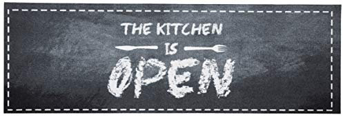 Zala Living Cook & Clean Läufer – rutschfest Teppichläufer Flachgewebe Kurzflor Teppich Küchenteppich Waschbar Küchenläufer The Kitchen is Open für Flur, Küche, Wohnzimmer – Schwarz Grau, 50x150cm