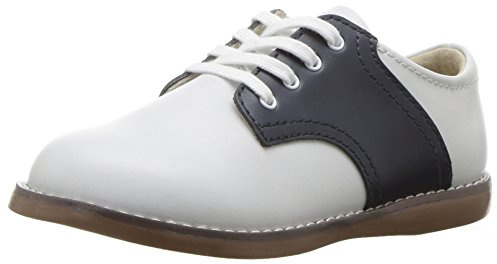 FOOTMATES Cheer Lace-Up Saddle Oxford Girls and Boys Dress Shoes with Wide Toe Box and Custom-Fit Insoles, Non-Marking Outsoles, White/Navy - 12.5 Little Kid (4-8 Years)