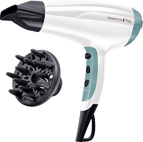 Remington Secador de Pelo Shine Therapy, Iónico, Cabello Sin Encrespamiento y Más Brillante,2300 W, Concentrador y Difusor, 3 Temperaturas, 2 Velocidades, Rejilla Trasera Desmontable, D5216