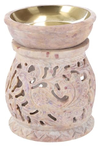 Indische Duftlampe, ätherischer Öl Diffusor, Rund Pfau | Handgearbeitet aus Speckstein, filigrane Ornamente, abnehmbare Schale, für Aromatherapie, einzigartiges Design