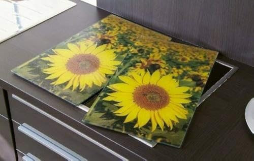 My Home Coprifornelli, Motivo Girasoli, Vetro temperato, Giallo/Verde/Marrone, 52 x 30 cm, Set di 2