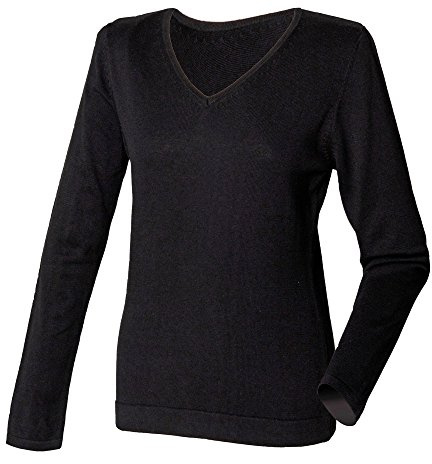 Henbury Womens/Ladies 12 Gauge Fine Knit V-Neck Jumper/Sweatshirt (S) (Black)