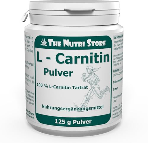 L-Carnitin Tartrat 100% rein Pulver 125 g | Reinsubstanz ohne Zusätze - 1,5-3 g pro Tagesdosis - The Nutri Store - Made in Germany