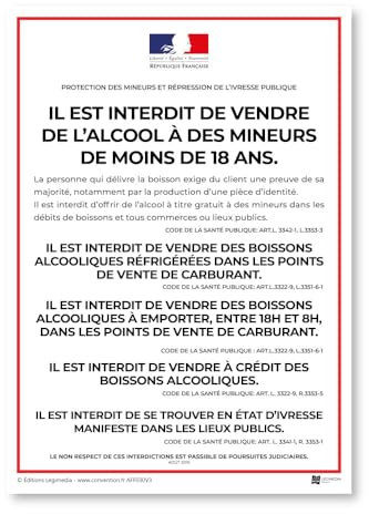 Affichage Protection des mineurs et Répression de l'ivresse publique - Station service - Plastifié - Kit de fixation inclus (pastilles adhésives) - Fabriqué en France