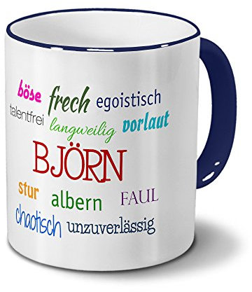 Tasse mit Namen Björn - Negative Eigenschaften von Björn - Namenstasse, Kaffeebecher, Mug, Becher, Kaffeetasse - Farbe Blau
