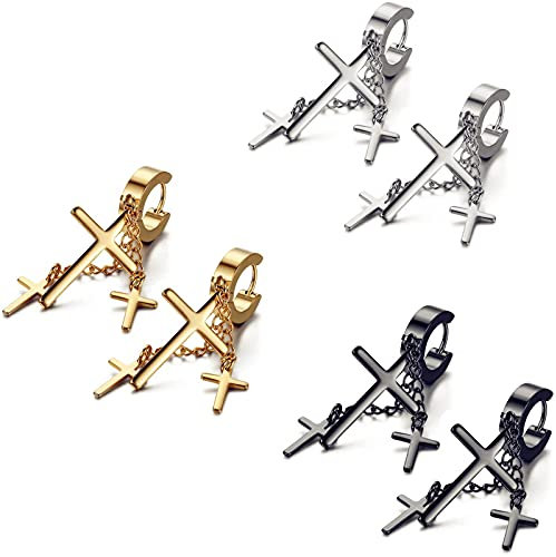Flongo 3 Paare Damen Ohrringe Set Edelstahl Creolon Stecker Gestüt mit Kreuz Kruzifix Kette Anhänger Ohrstecker Ohrhänger hängend Gotik Punk für Frauen Männer Herren schwarz silber gold Set