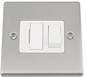 Fused Switch - Satin Matt Chrome - Square - White Insert Plastic Switch - 13 Amp Switched Fused Spur Unit