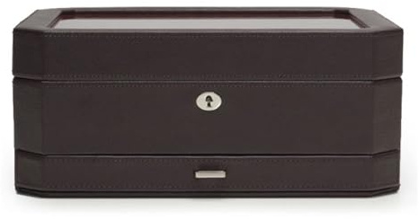 WOLF Windsor 10-Piece Watch Box with Drawer, Brown/Orange - 10 Watch Compartments, 8 Ring Rolls, 17 Jewellery Compartments, Plant Based Material, Storage Box