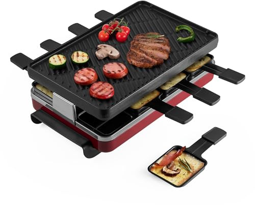 Swissmar Classic 8-Person Raclette Party Grill with Reversible Cast Iron Grill Plate/Crepe Top, Indoor Electric Raclette Grill & Griller - Red