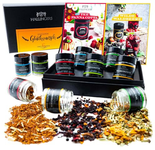Hallingers Herzlichen Glückwunsch - 5 Sorten Tee Geschenkset zum Gratulieren, vegan & glutenfrei in Schraubgläsern (Set) - Geschenk im Sommer & als perfektes Grillgeschenk | Geburtstag Glückwunsch Gen