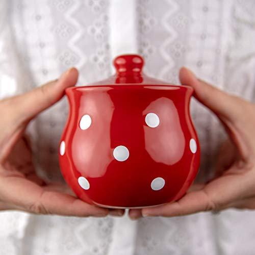 City to Cottage® Azucarera de Cerámica de Lunares Artesanal con Lengüeta Hecha y Pintada a Mano en Rojo y Blanco | Tarro Mermelada