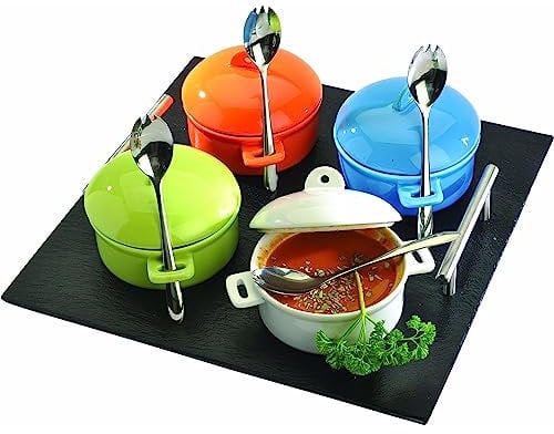Lebrun Couverts – Service Mini Cocottes 9 Pièces – 4 Mini Cocottes – 4 Cuillères Mixtes – Plateau Ardoise + Poignées en Métal – Assiettes et Plats de Service – Idéal Pour les Apéritifs et Dégustations