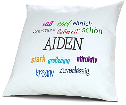digital print Kopfkissen mit Namen Aiden - Motiv Positive Eigenschaften, 40 cm, 100% Baumwolle, Kuschelkissen, Liebeskissen, Namenskissen, Geschenkidee, Deko