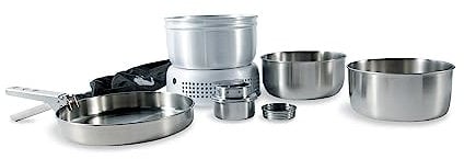 Tatonka Multi Set + Alcohol Burner (8-teilig) - Camping-Kochgeschirr aus Edelstahl mit Spirituskocher - (Pfanne, 2 Töpfe, Klemmgriff, Windschutz, Kochgestell und Kocher)