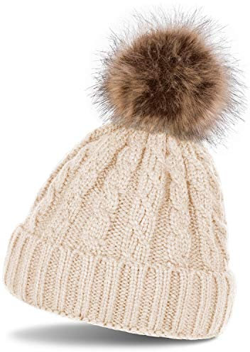 styleBREAKER Zopfmuster Bommelmütze, Strickmütze mit Fellbommel, Winter Beanie Mütze, Unisex 04024064, Farbe:Beige