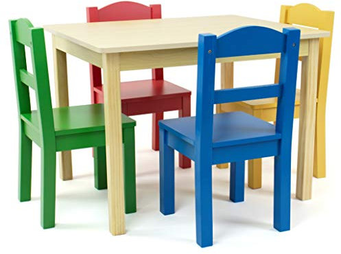 Humble Crew rechteckiger Holztisch für Kinder mit 4 Stühlen, Naturholz/Primärfarben