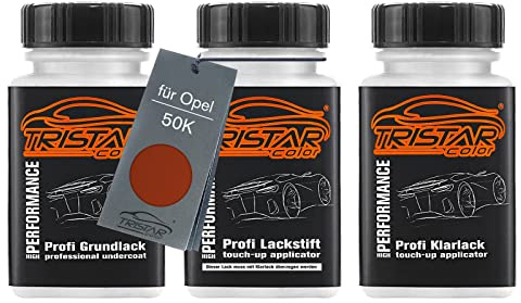 TRISTARcolor Autolack Lackstifte für Opel 50K Blood Orange Metallic +1K | Henna Metallic, Set aus Grundlack + Basislack + Klarlack, Lackfläschchen mit Pinsel, je 50ml