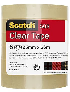 Scotch Nastro Adesivo 3M, Trasparente Acrilico, 25 mm x 66 m, Confezione Torretta da 6 Pezzi - Ottimo per l'uso a casa e in ufficio per l'uso a casa e in ufficio