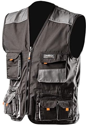 NEO TOOLS Weste Arbeitsweste Größen S-XXL | Grau/Schwarz, Arbeitsbekleidung Berufskleidung, Weste aus starkem Oxford-Stoff, Reflexionsweste (M)