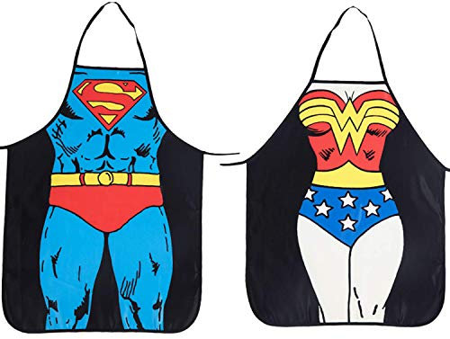 Cycorld Funny Novelty Apron Christmas Kitchen Gift for Couples Xmas Cooking BBQ Party Apron Set for Men and Women Gift (2pcs Superman + Wonder Woman Aprons)