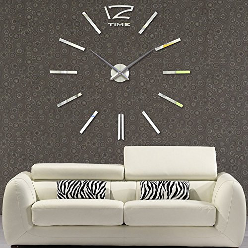 FAS1 Moderne DIY große Wanduhr Big Watch Aufkleber 3D Aufkleber Spiegeleffekt Acryl Wanduhr Home Office Dekoration für Wohnzimmer – Silber (Batterie Nicht im Lieferumfang enthalten)
