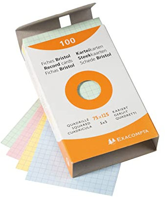 Exacompta - Réf. 13271E - Étui de 100 fiches bristol quadrillées 5x5 non perforées - format 75 x 125 mm - compatibles avec imprimante jet d'encre, laser et photocopieur - couleurs assorties
