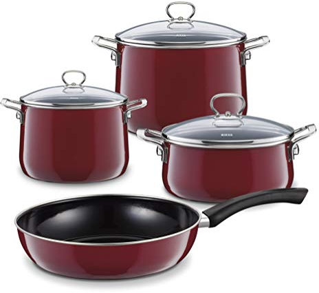 Riess, 0519-008, Starter-Set 4-teilig, NOUVELLE - ROSSO EXTRA STARK, bestehend aus: Fleischtopf mit Glasdeckel 16 und 20 cm, Kasserolle mit Glasdeckel 20 cm und Emaille-Pfanne 28 cm, Topfset, Kochtopfset, Kochgeschirr