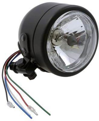 Scheinwerfer H4 Fernlicht schwarz, 90mm, untere Befestigung, Motorrad, rund | Universeller Motorrad-Scheinwerfer mit H4-Leuchtmittel 12 V 55/60 W, schwarze Rundform und untere Aufnahme für Umbauten.