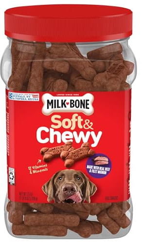 Milk-Bone Soft & Chewy Dog Treats, Made with Real Beef & Filet Mignon, 25 Ounce Canister