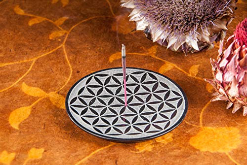Porte-encens Fleur de vie Ø 10 cm rond stéatite noir gris Porte-encens Porte-encens Porte-encens Accessoire d'encens