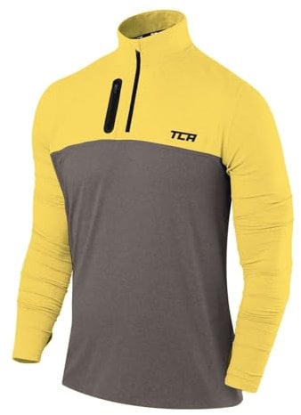 TCA Fusion Gym Tops for Men Training Sports Long Sleeve Running Top Men Gym Clothes - Castlerock Grey/Sonic Yellow, XL