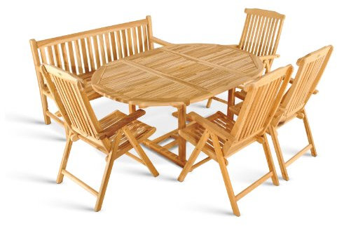 SAM 6tlg. Gartengruppe Borneo, Gartenmöbel-Set aus Teakholz massiv, 1 x Ausziehtisch/Gartentisch Borneo + 4 x Hochlehner / 5-Fach Verstellbarer Gartenstuhl Aruba + 1 x 3-Sitzer Gartenbank Caracas