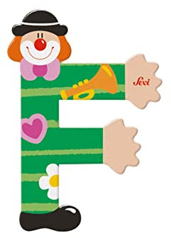Sevi 81742 Holzbuchstabe F Clown ca. 10 cm, Türbuchstaben für Kinderzimmer, ABC Lernspielzeug aus Holz, pädagogisches Spielzeug für Kinder ab 3 Jahren, Buchstabe Clowns Sortiert, Orange / Grün, Mehrfarbig, ca. 10 x 7,5 cm