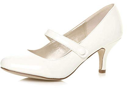 AJVANI Low mid Heel Mary Jane Strap Work Party Court Shoes Size 5 38 White Patent