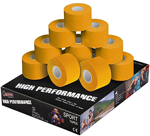 ALPIDEX 12 Rollen Sport Tape Set 3,8 cm x 10 m Gelenk Tapeverband Viele Farben Reißbares Unelastisches Sporttape Hautfreundlich Handball Fußball Volleyball, Farbe:gelb