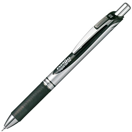 Pentel Energel Knock Ballpoint Pen, 0.5mm Needle Tip, Black Ink, Silver Body with Black Accent (BLN75Z-A)