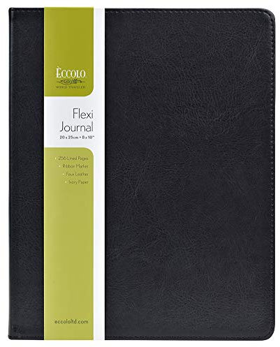 WORLD TRAVELER Eccolo großes einfach schwarz liniertes Tagebuch, flexibler Kunstledereinband, Notizbuch mit linierten elfenbeinfarbenen Seiten, flach liegend, Lesezeichenband (Schwarz, 20,3 x 25,4 cm)
