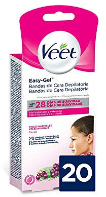 Veet Wachsbänder für Gesichtshaarentfernung mit Karitébutter und Açaibeeren, Easy Gelwax, normale Haut, 20 Streifen