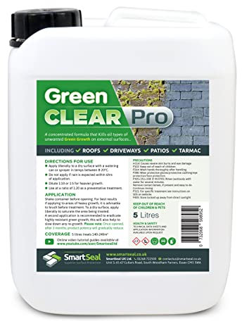 SmartSeal Green Clear Pro - 5L - Concentrated Biocide & Green Growth Remover. Spray-and-Leave Roof Tile Cleaner, Patio Cleaner & Algae Remover. For Use on Concrete, Wood, Decking & Stone