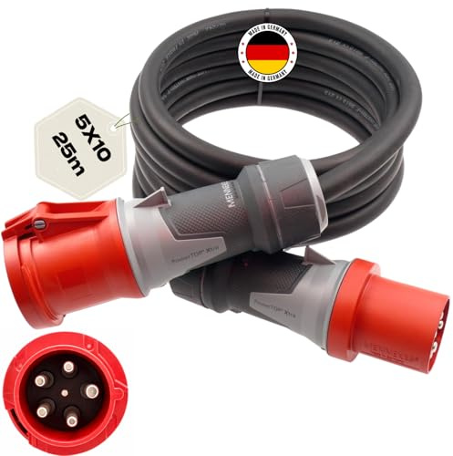 netbote24 Starkstromkabel 63A 25m H07RN-F 5x10 Starkstrom Verlängerungskabel CEE Verlängerung 63 Ampere Kabel 5x10mm2 Baustelle Werkstatt Industrie Geeignet Outdoor IP44 Spritzwassergeschütz