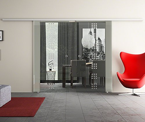 Glasschiebetür mit 2 Scheiben Schiebetür-Anlage komplett mit Laufschiene & Muschelgriffen & Design: Rekursiv (R) - Dorma Agile 50 Beschlag - Made in Germany 2x900x2050 mm = 1800x2050 mm, sehr hochwertig mit Kugellagern vom Weltmarktführer aus Deutschland