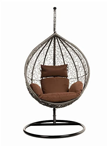 HOME DELUXE - Hängesessel Cielo - Grau, Höhe 200 cm - inkl. Gestell, Sitz- und Rückenkissen I Polyrattan Hängestuhl Gartenschaukel Hängekorb