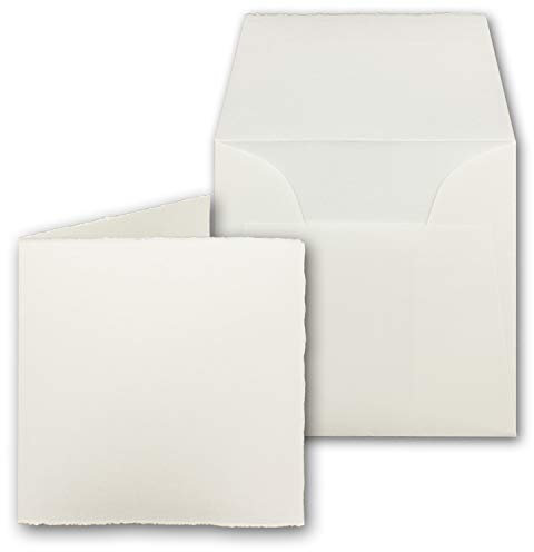 50x quadratisches Vintage Kartenset aus Büttenpapier - Falt-Karten 11,8 x 11,8 cm + Brief-Umschläge - Mia - doppel-Karten-Set - Naturweiß