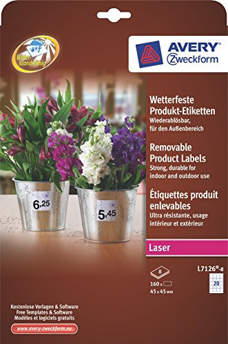 Avery Zweckform L7126-8 Produkt-Etiketten, 45 x 45 mm, wetterfest, 8 Blatt/160 Etiketten, weiß